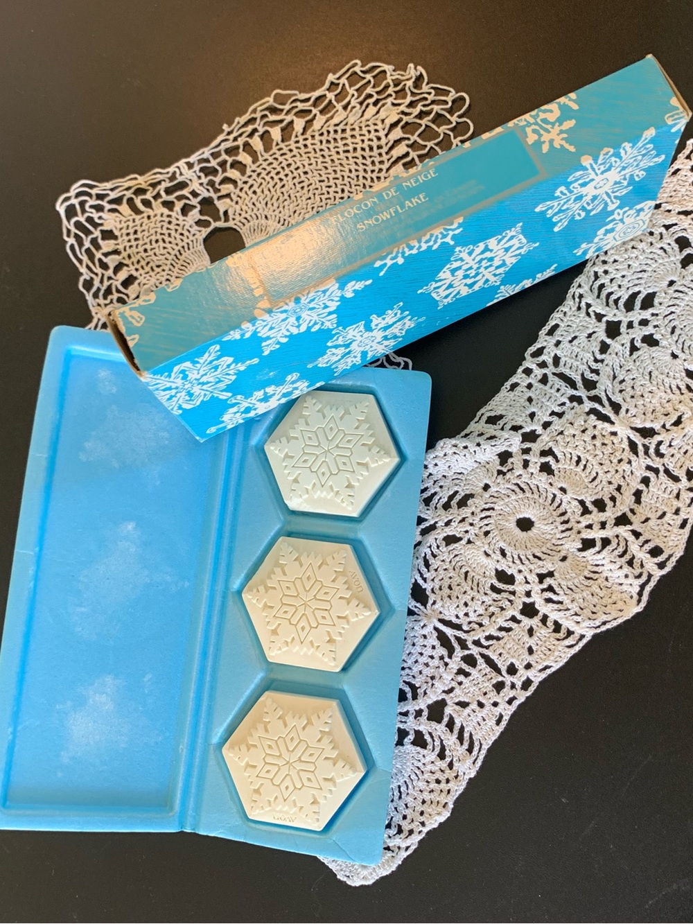 Vintage Avon Snowflake Soap Trio and 2 handmade crochet doilies